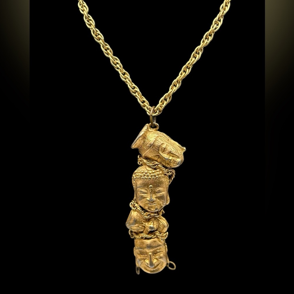 Huge Vintage 1970’s Asian Faces Pendant Necklace